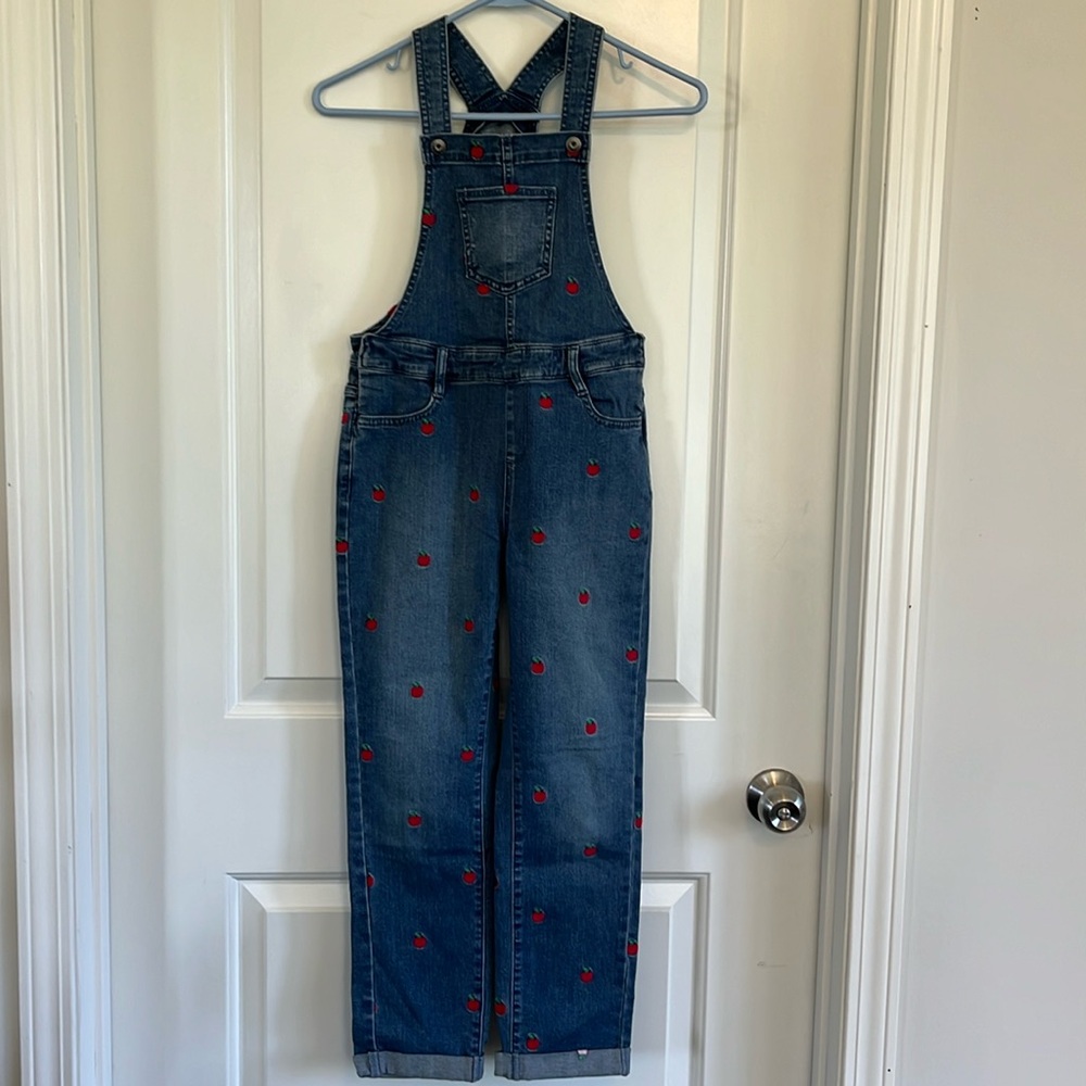 Gymboree embroidered apple graphic denim overalls size 8